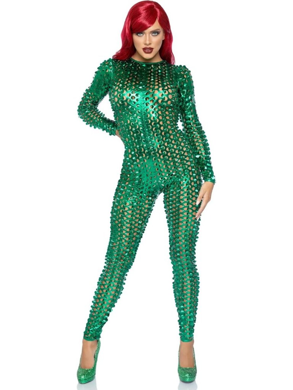 Women's Green Metallic Laser Cut Catsuit Halloween Costume Cosplay Jumpsuit